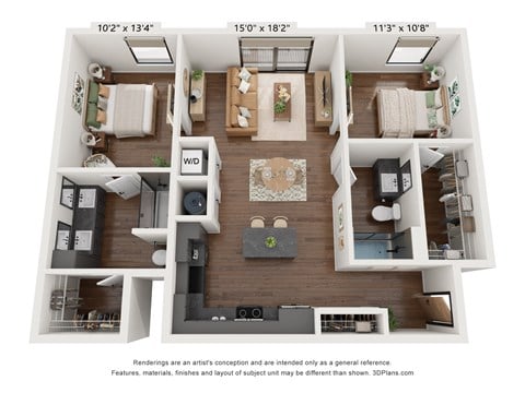 Floor plan for 2 beds, 2 baths, 1095 sqft